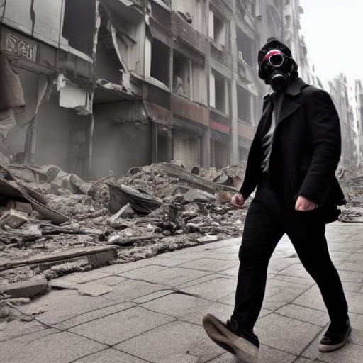 Man in Gas Mask Walks Through Bombed City