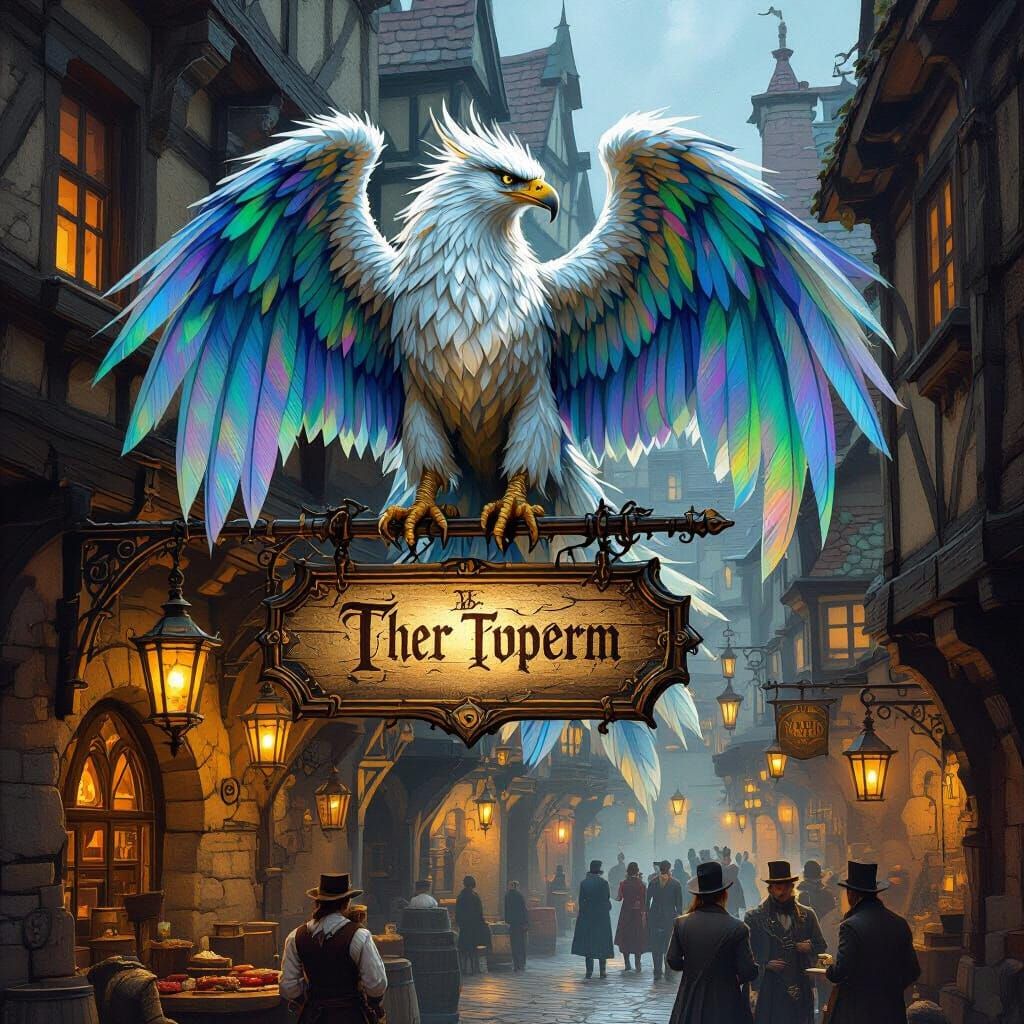 Griffin Perched on Steampunk Tavern Sign