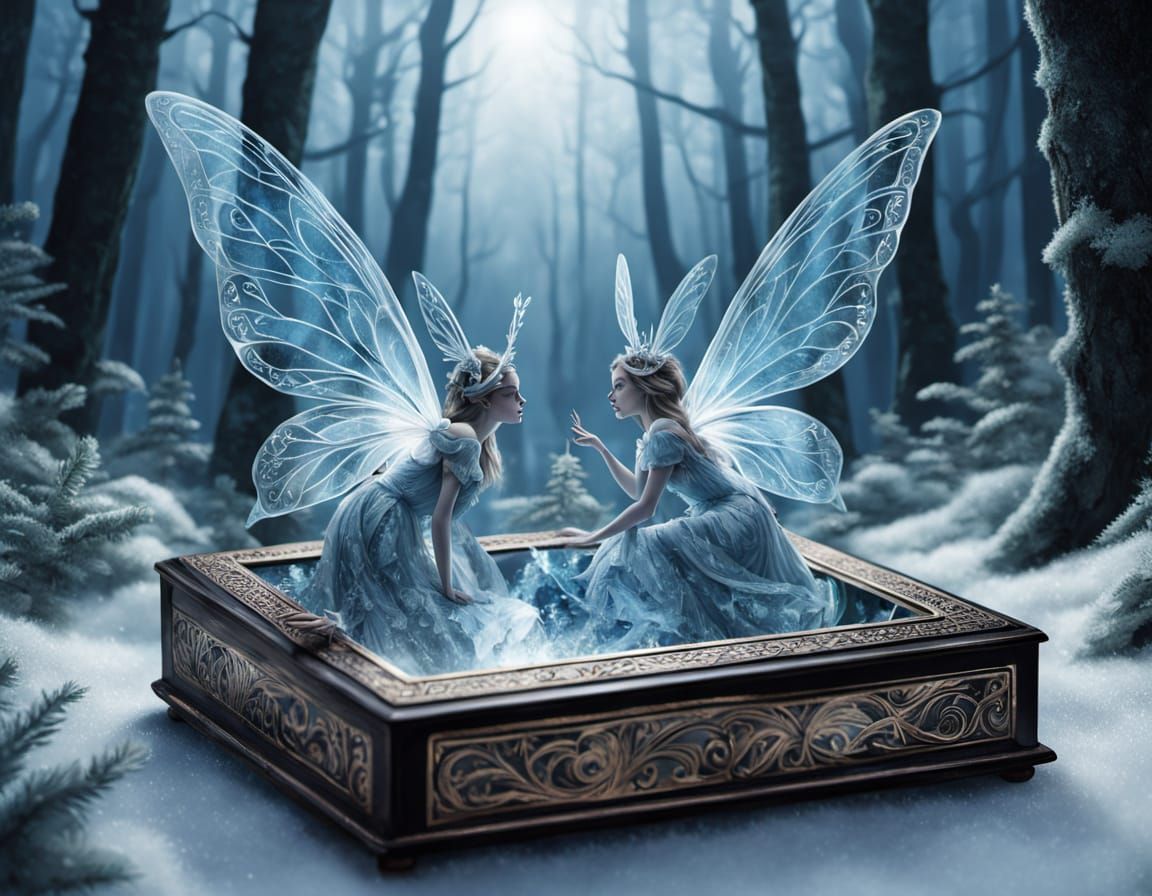 Miniature Winter Fairies in Crystal Cigar Box Comic Art