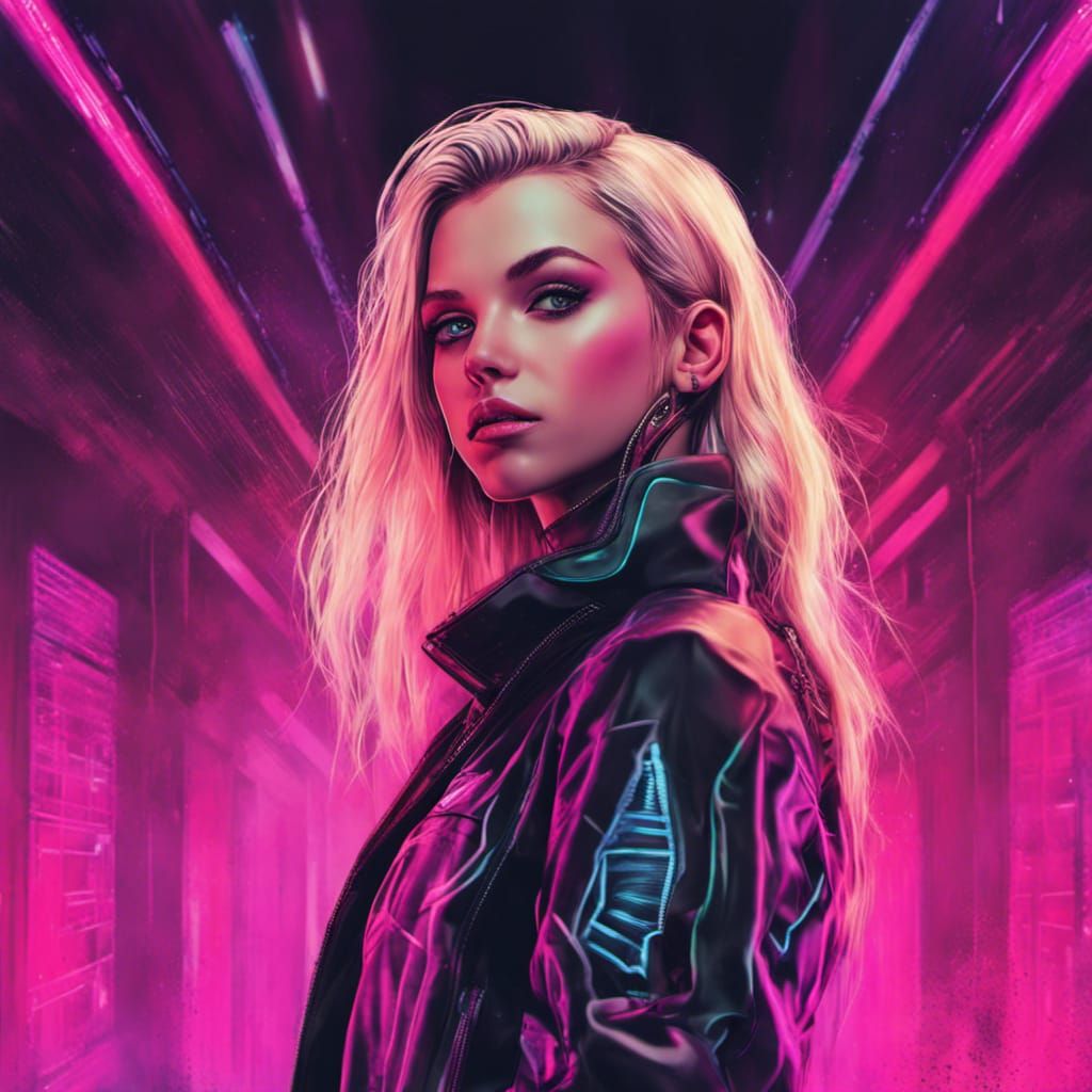 Rockstar Girl Portrait in a Futuristic Neon Style