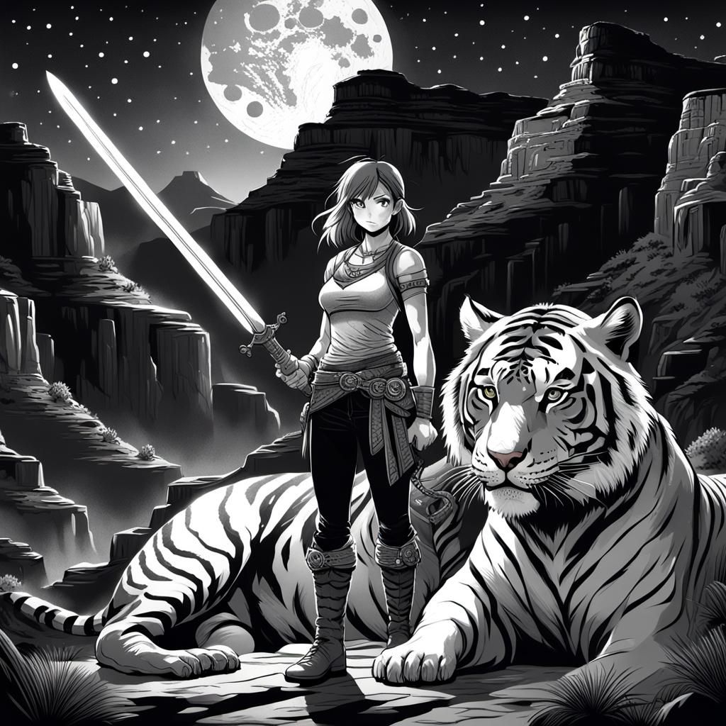 Anime Woman and Tiger in Grand Canyon