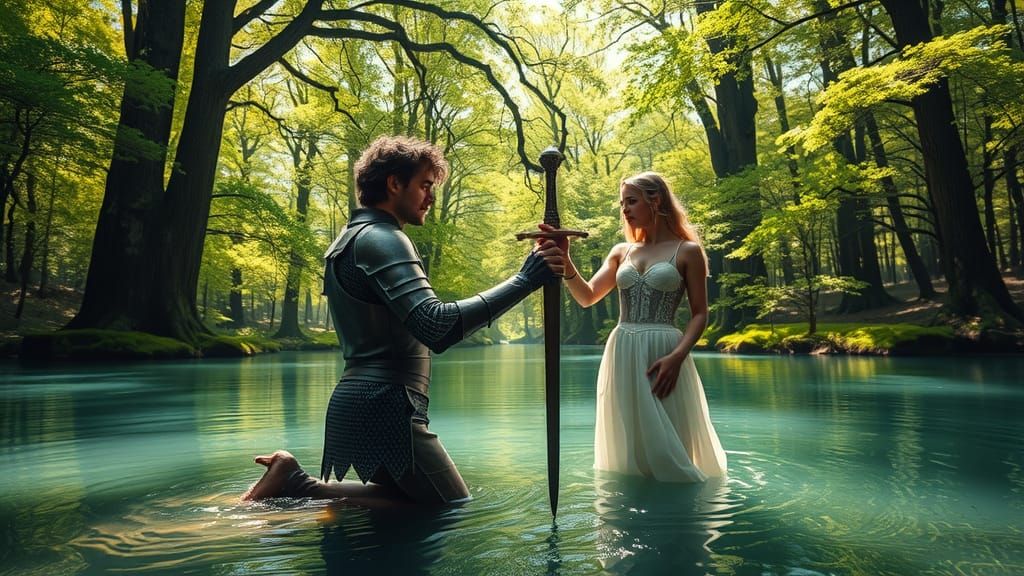 Knight Receives Excalibur in Lush Forest Setting