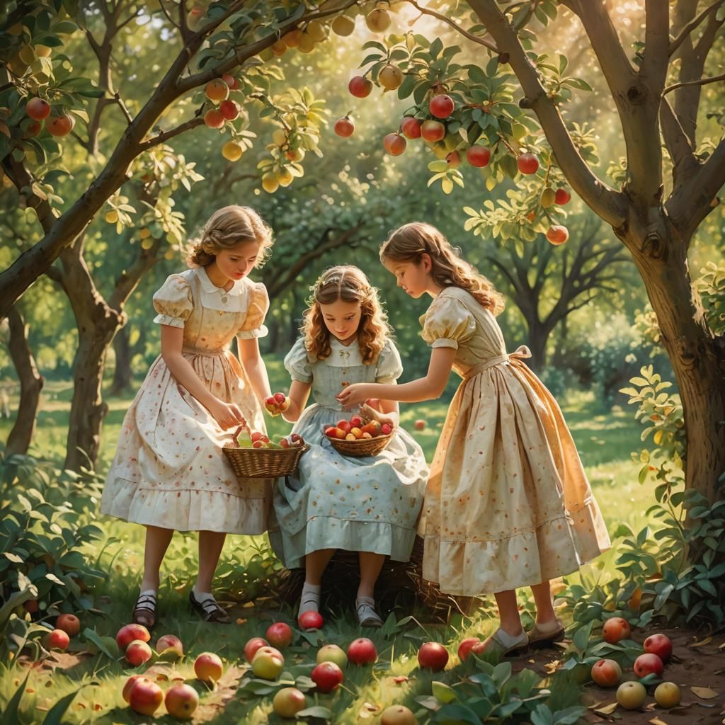Girls Picking Apples in Lush Garden: Impressionistic Style
