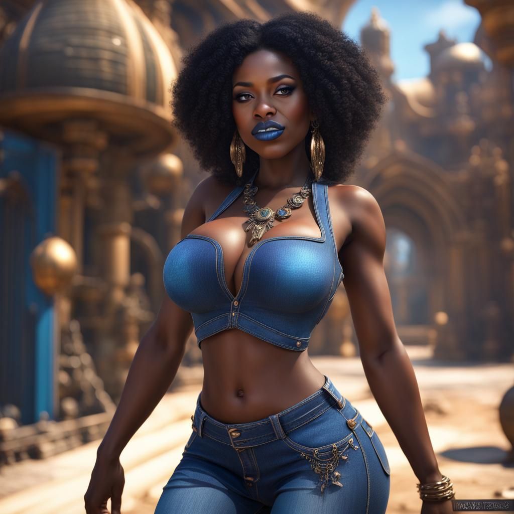 Ebony Goddess with Blue Lips: Detailed Matte Painting