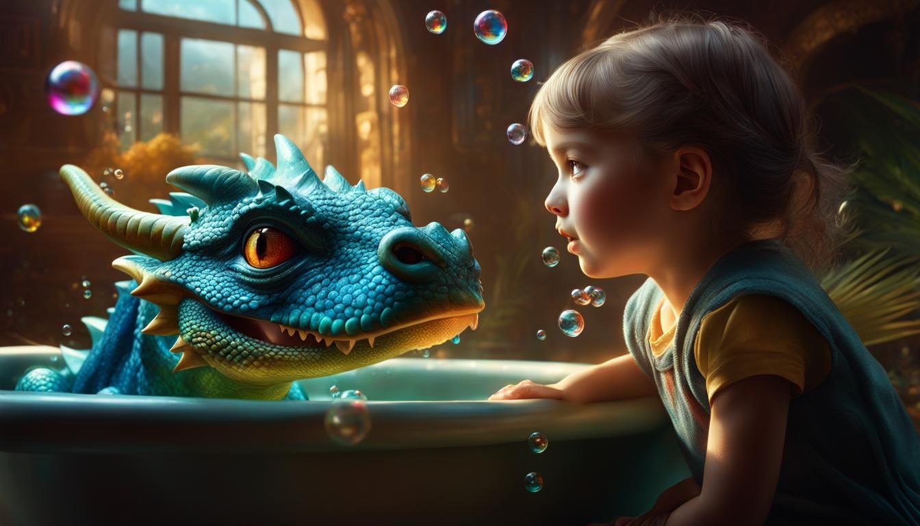 Girl Giving Dragon a Bubble Bath