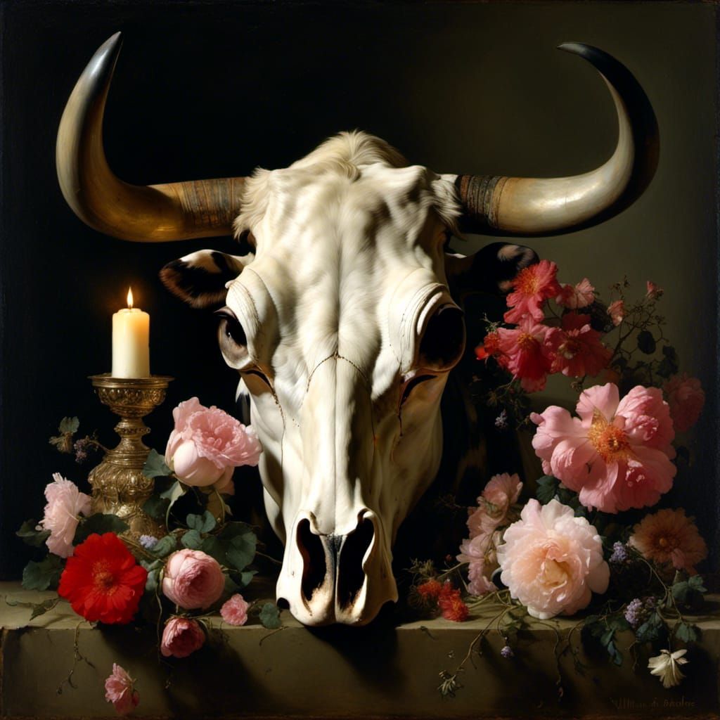 Floral Cow Skull Still Life in Oil