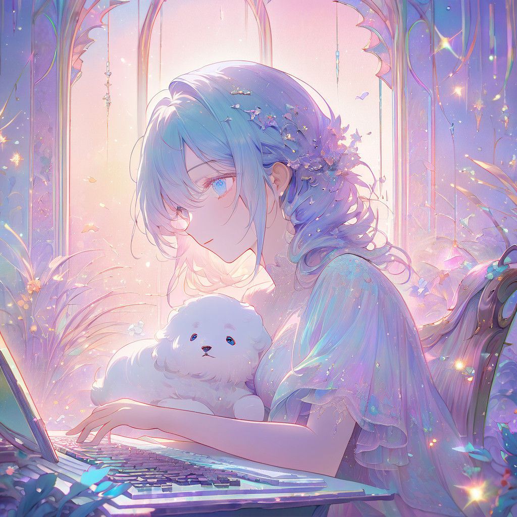 Whimsical Anime Girl Hugs Fluffy Puppy amidst Pastel Sunset