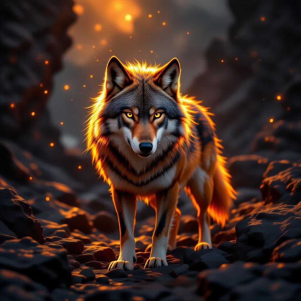 Fiery Wolf Creature in Volcanic Landscape