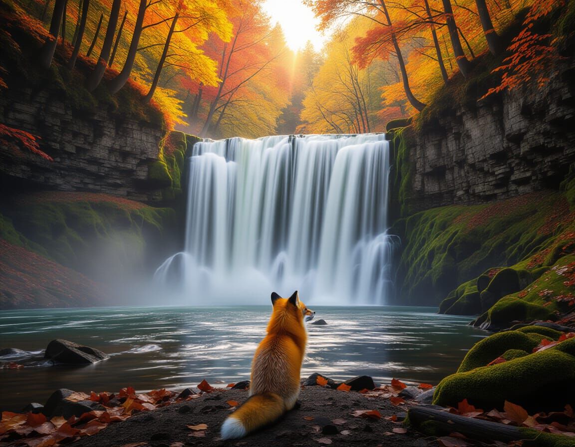 Fox at Autumn Waterfall in Dramatic Sunset Light