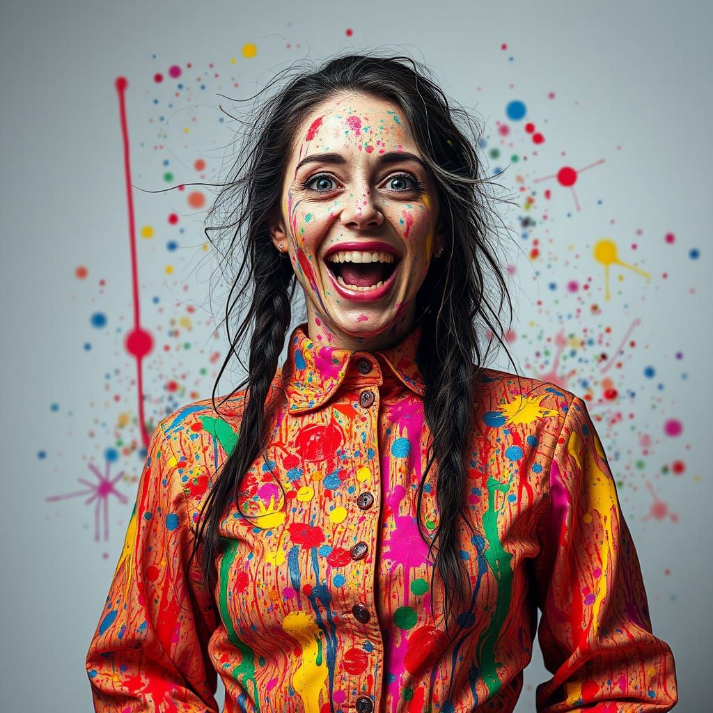 Vibrant Artist Caught in Whimsical Paint Explosion