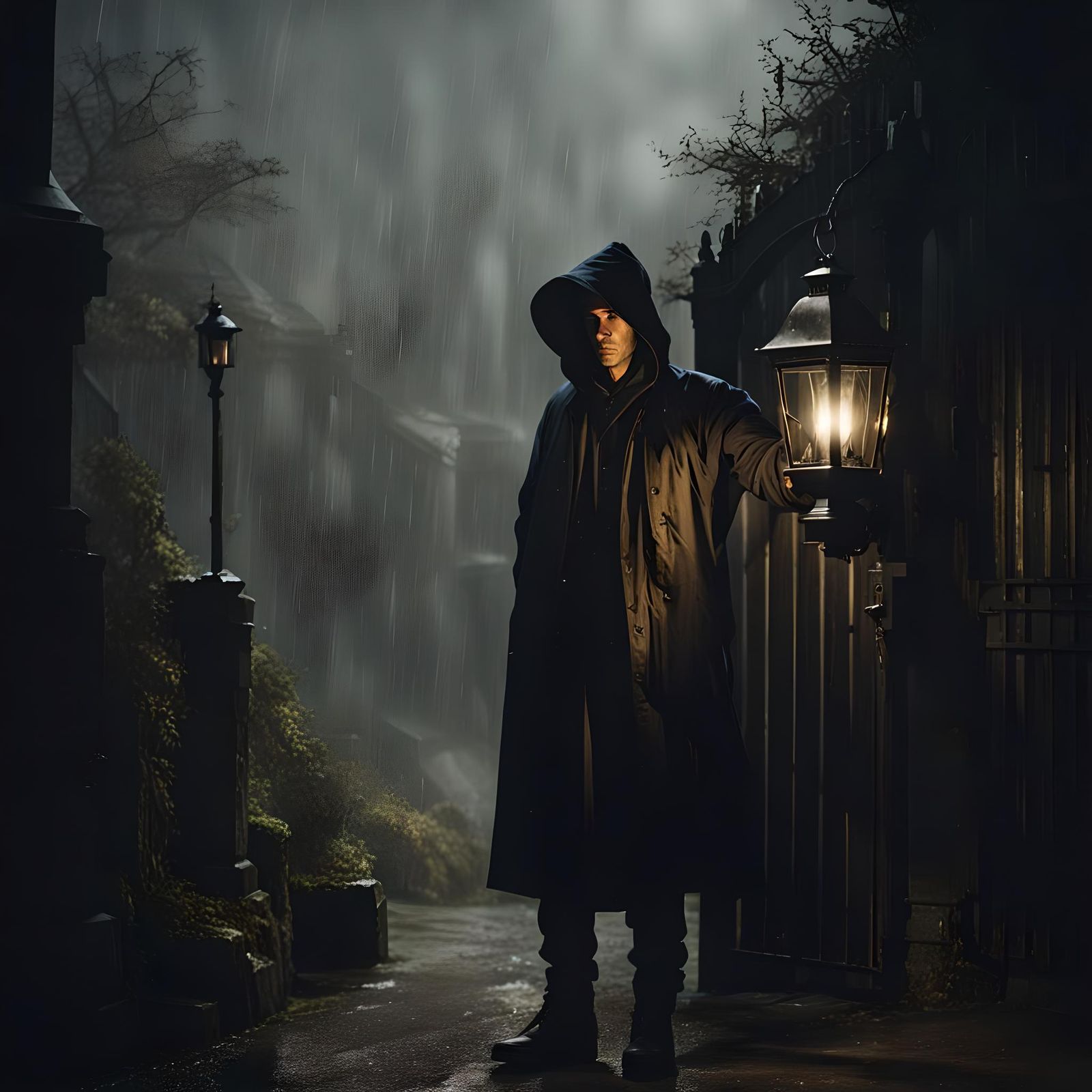 Night Watchman in Rainy Cinematic Scene
