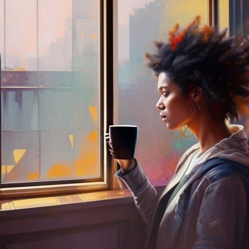 Punk Girl's Serene Coffee Break: An Oil Painting