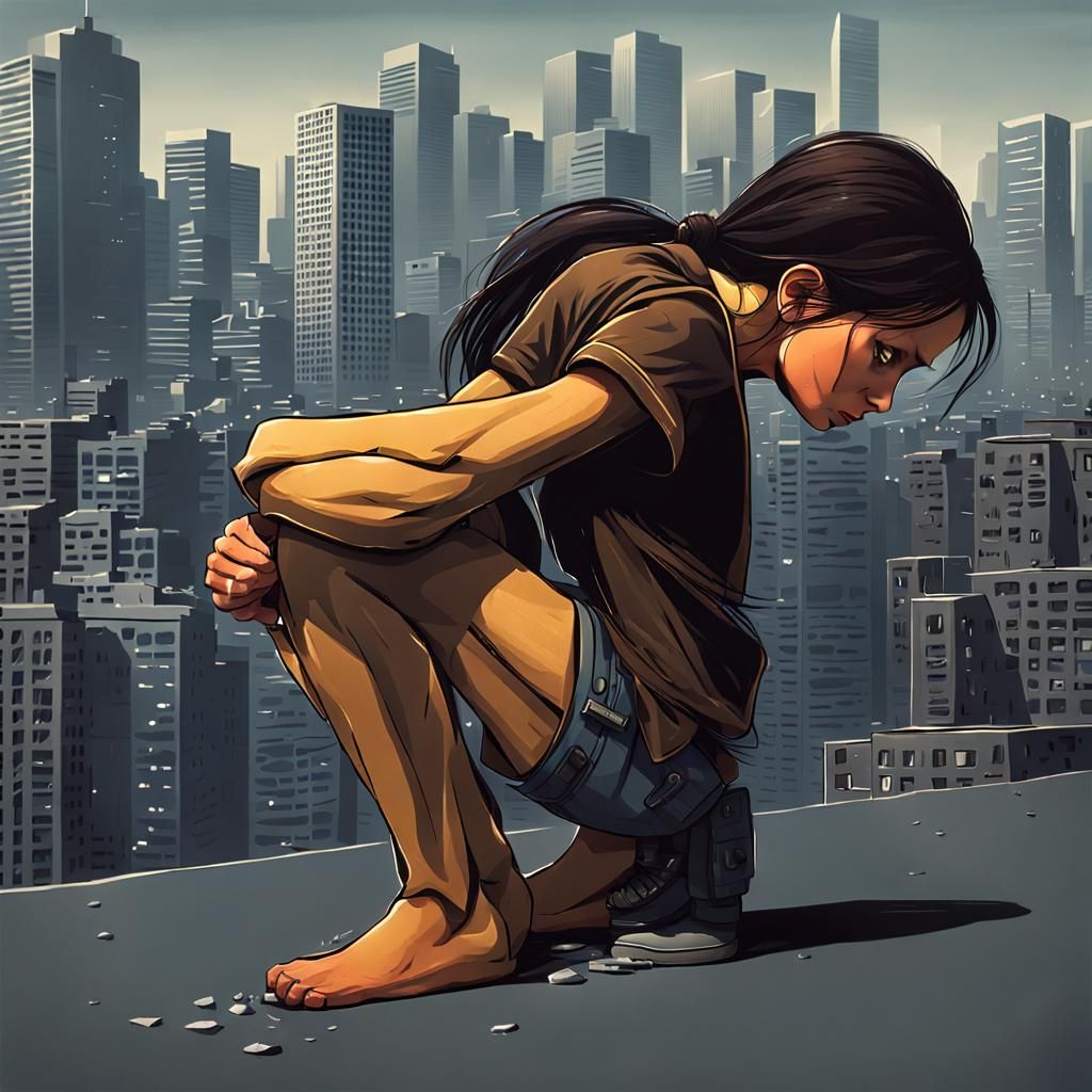 Lonely Giantess Overlooking City Skyline