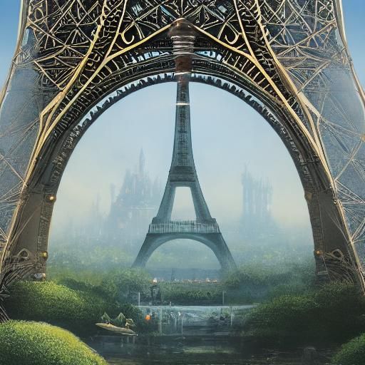 Eiffel Tower in Dreamlike Fantasy Landscape