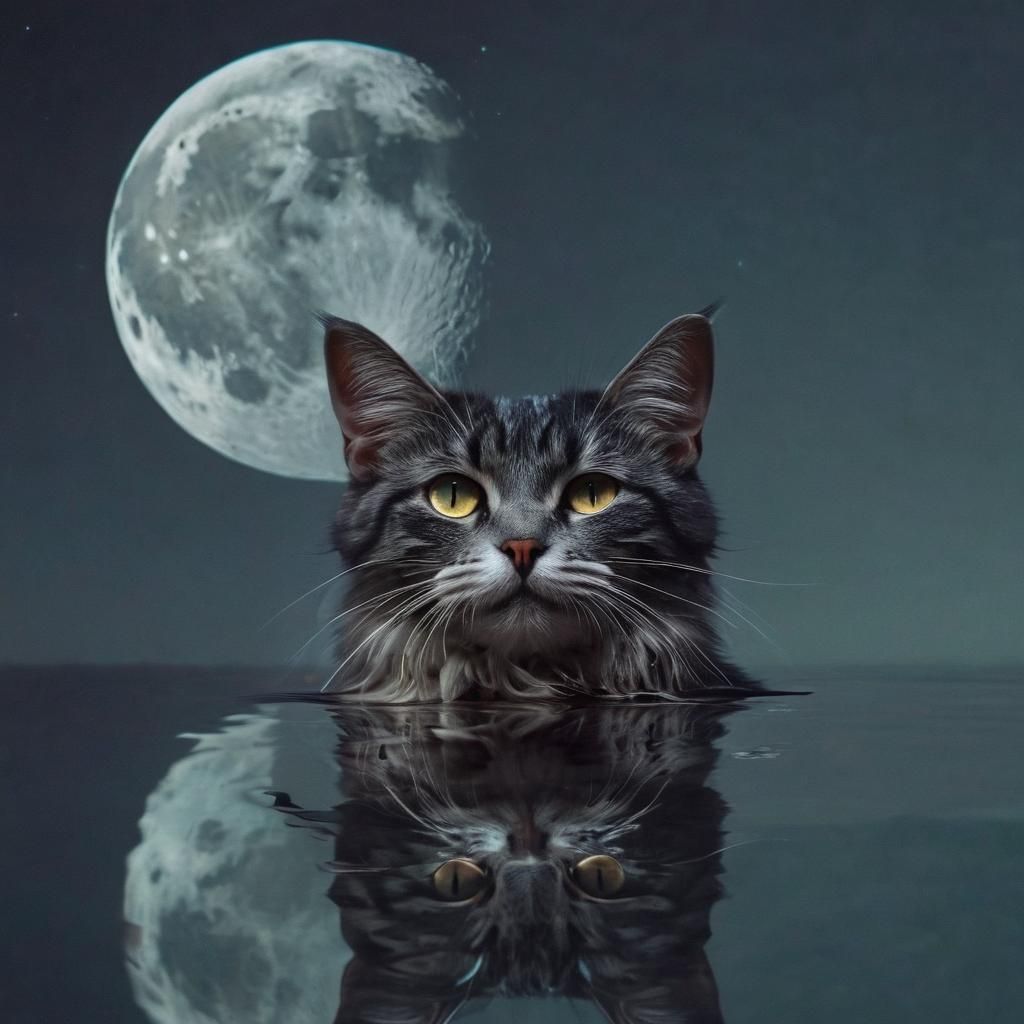 Double Exposure: Cat and Moon Reflection