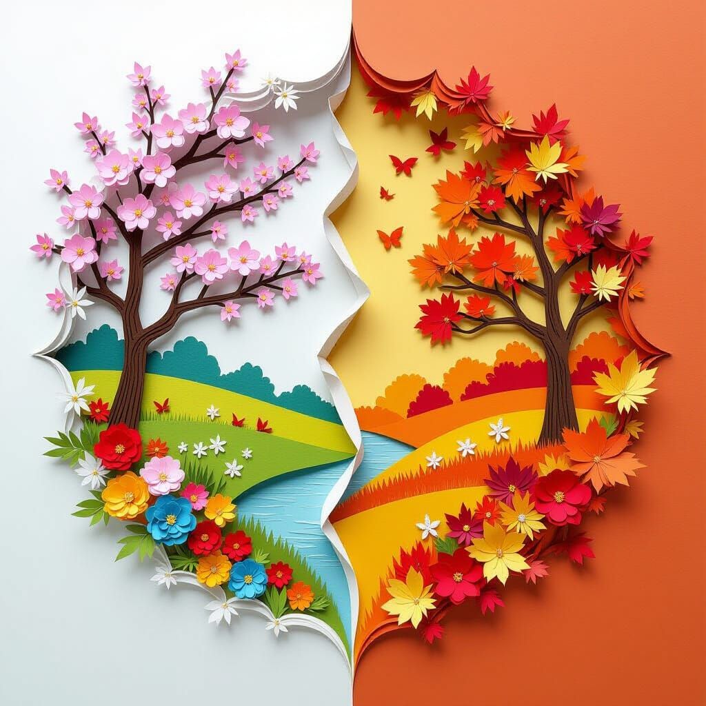 Surreal Paper Art Contrasting Spring and Autumn Seasons
