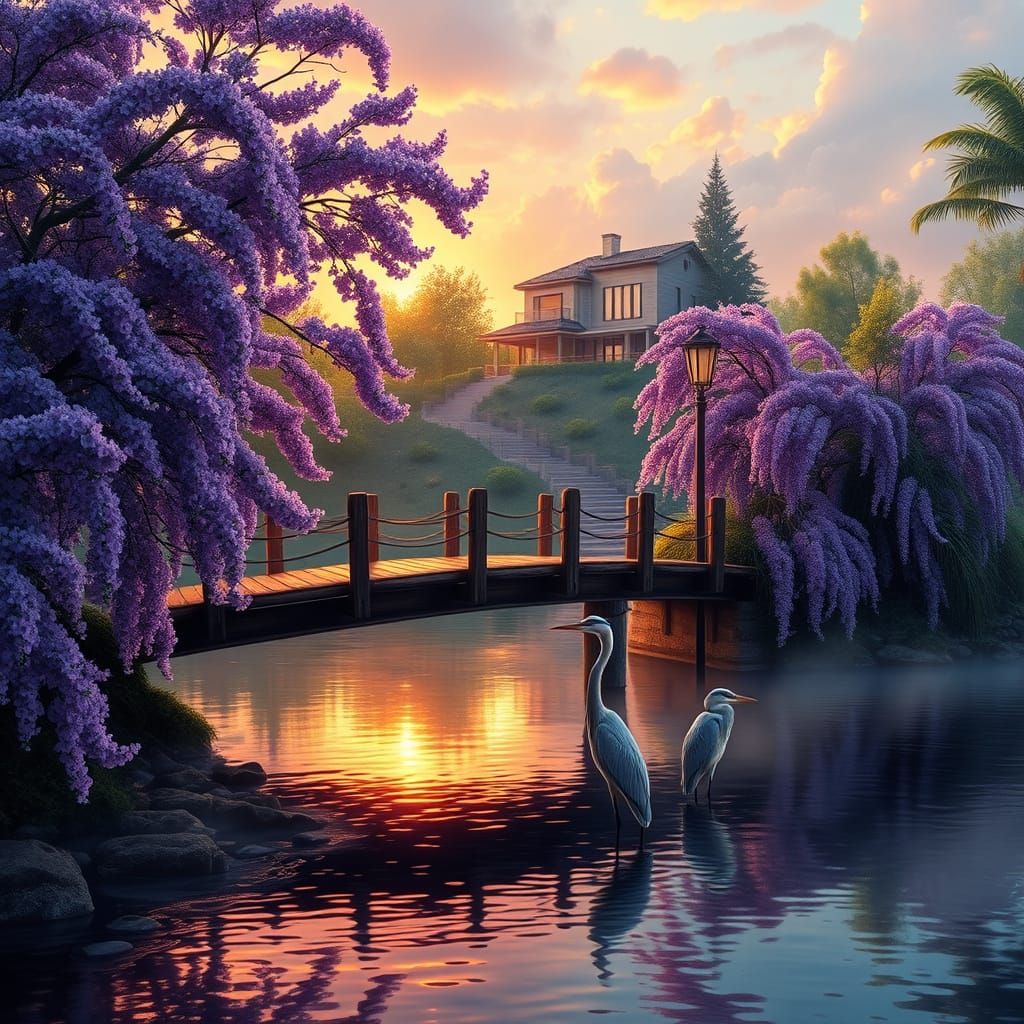 Tranquil Sunset Scene with Wooden Bridge and Majestic Herons
