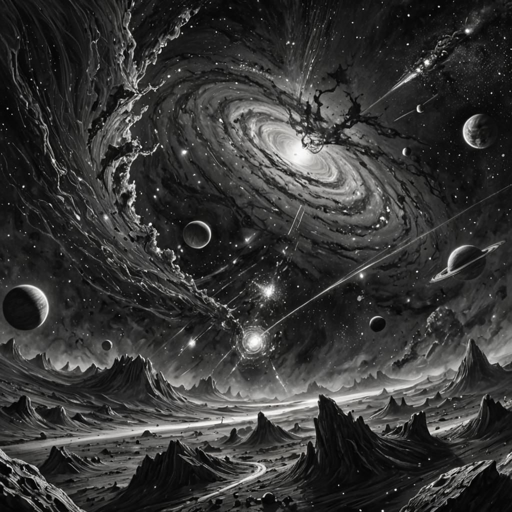 Galactic Landscape Drawing in Charcoal Illustration Style