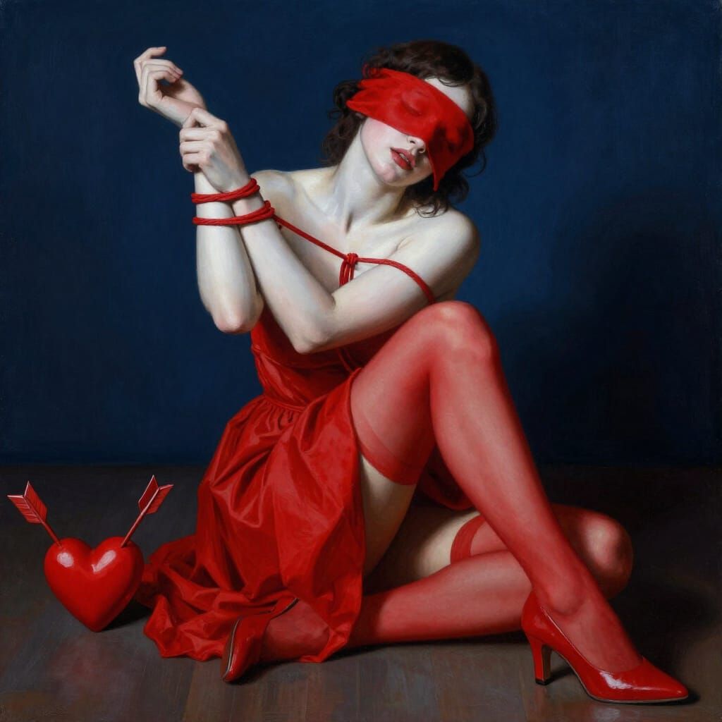 Woman in Red Seated with Hands Tied in Dramatic Light