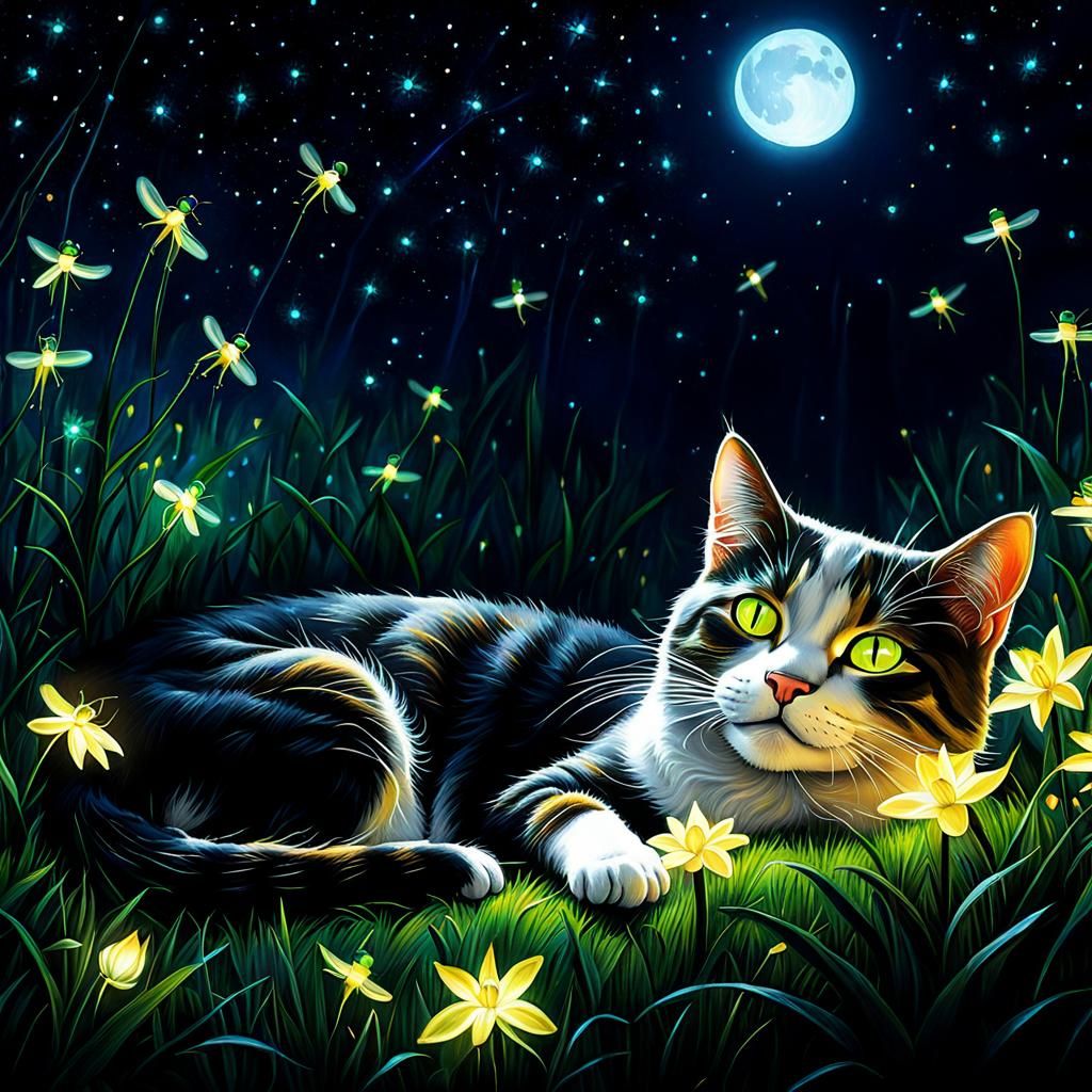 Glowing Fireflies Over Sleeping Cat Illustration