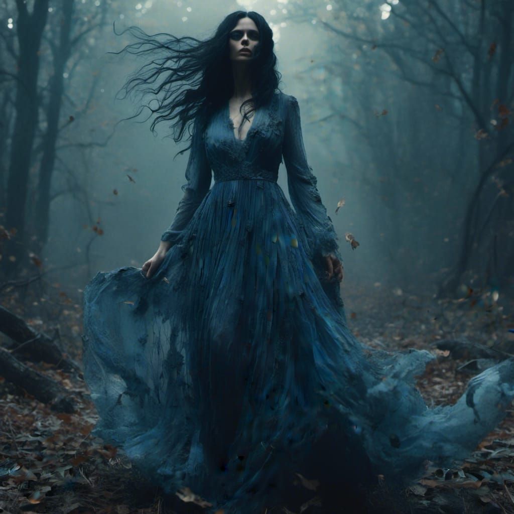 Macabre Black Haired Ghost Woman in Blue Dress