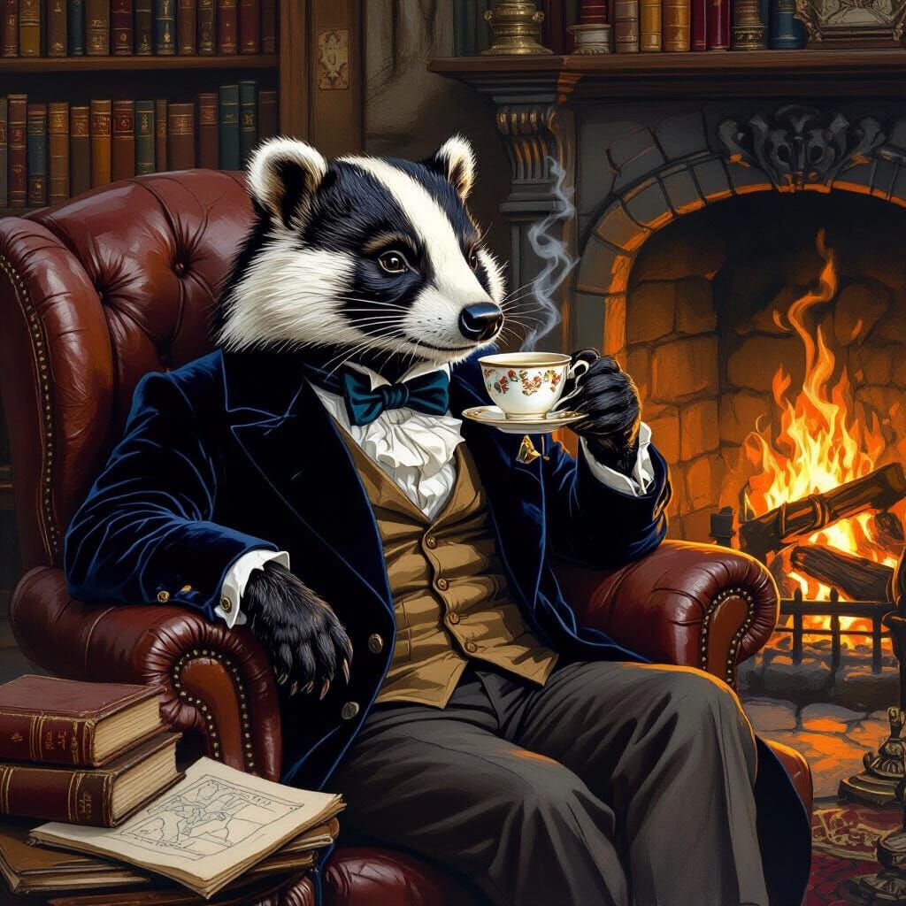Badger Gentleman in Armchair, Arthur Rackham Style