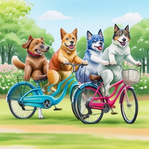 Dogs Cycling Through Park in Whimsical Watercolor Style