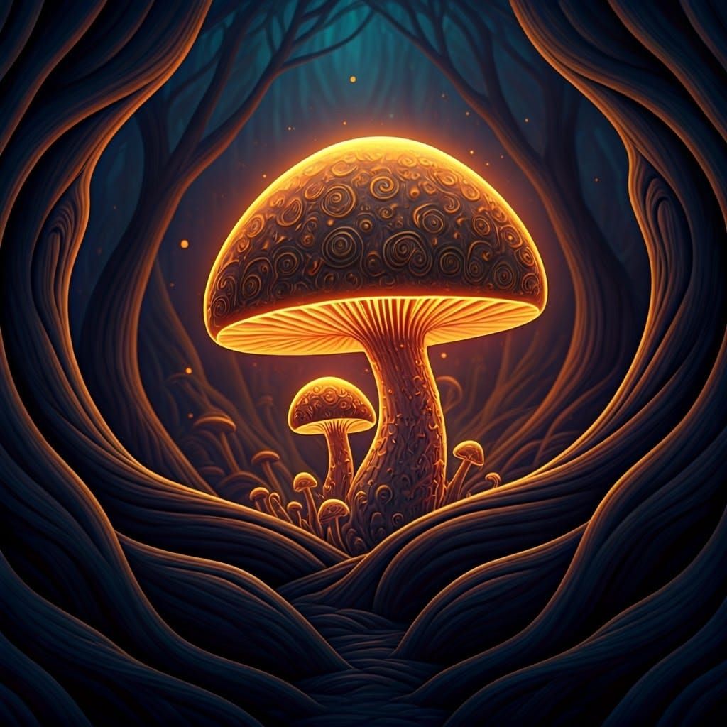 Golden Demon Mushroom in Mystical Forest