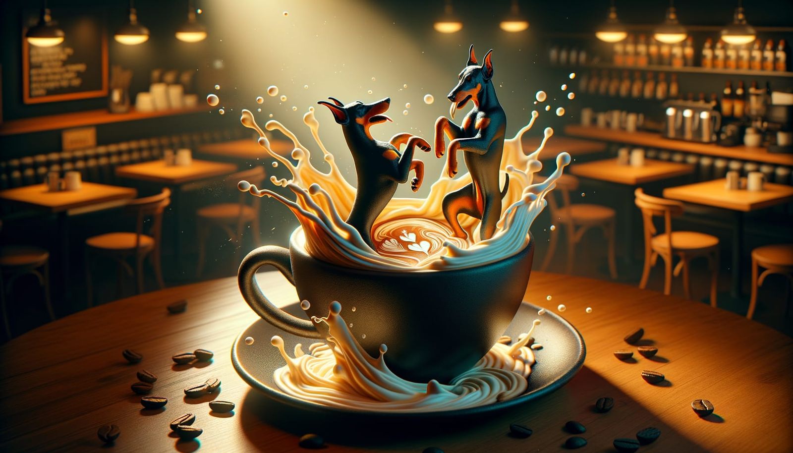 a coffee mug holding a latte, coming out of the latte art are the figures of two Dobermans