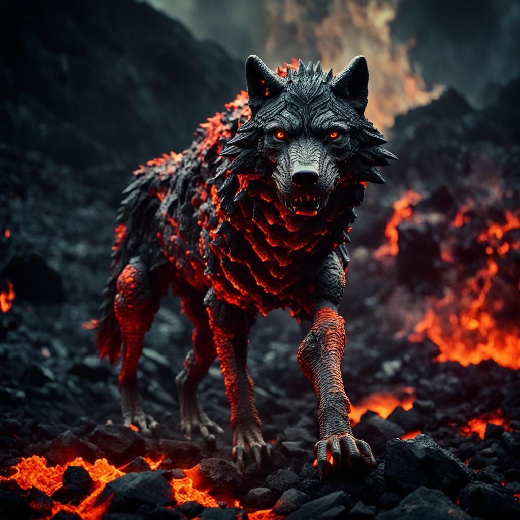 A wolf made of burning coals, walking in lava from a volcano. Ancient, medieval.