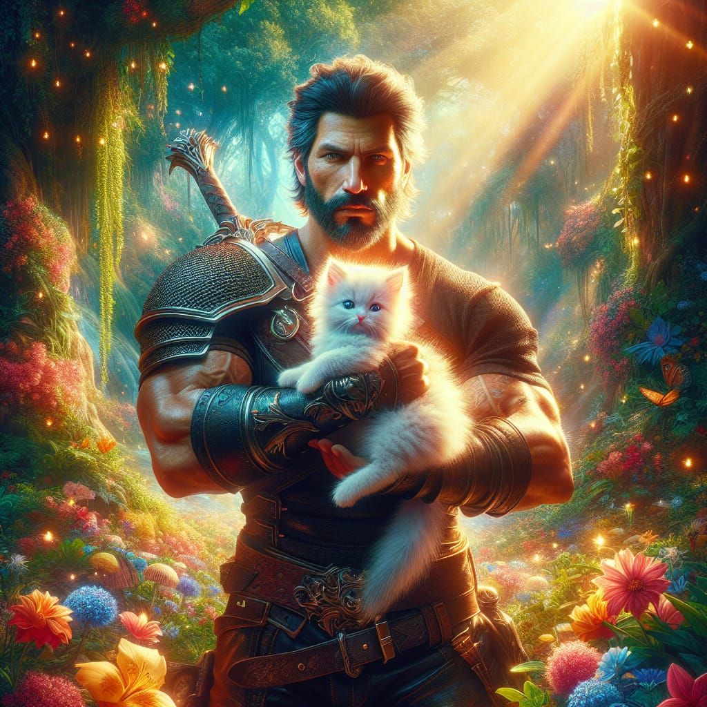 Warrior and Kitten in Sunlit Forest Fantasy Art
