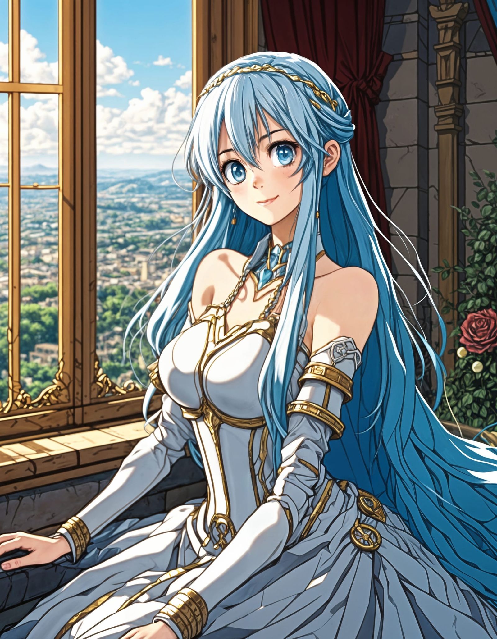 Anime a smiling white skinned princess with long braided blue hair silver eyes wearing a gold runed sky blue dress sitti...