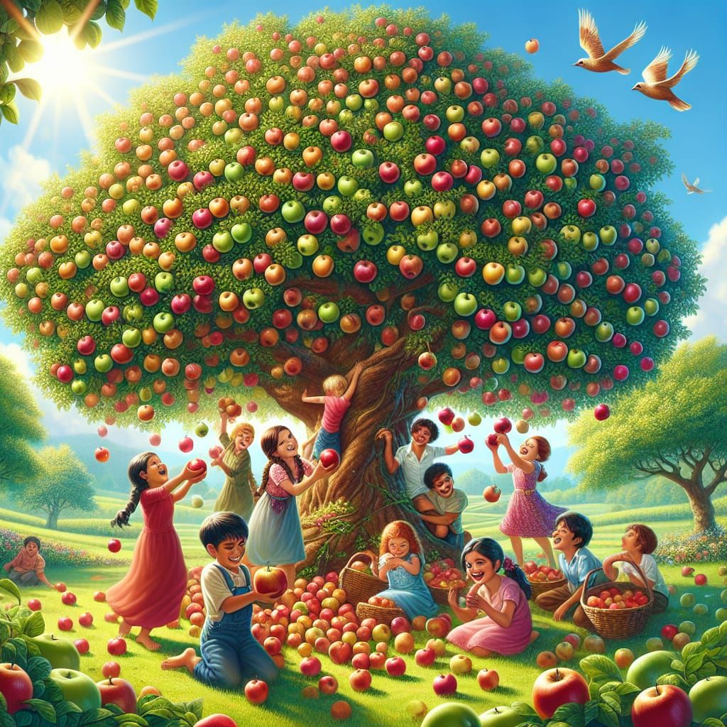 Joyful Children Harvesting Apples Under a Sunny Tree