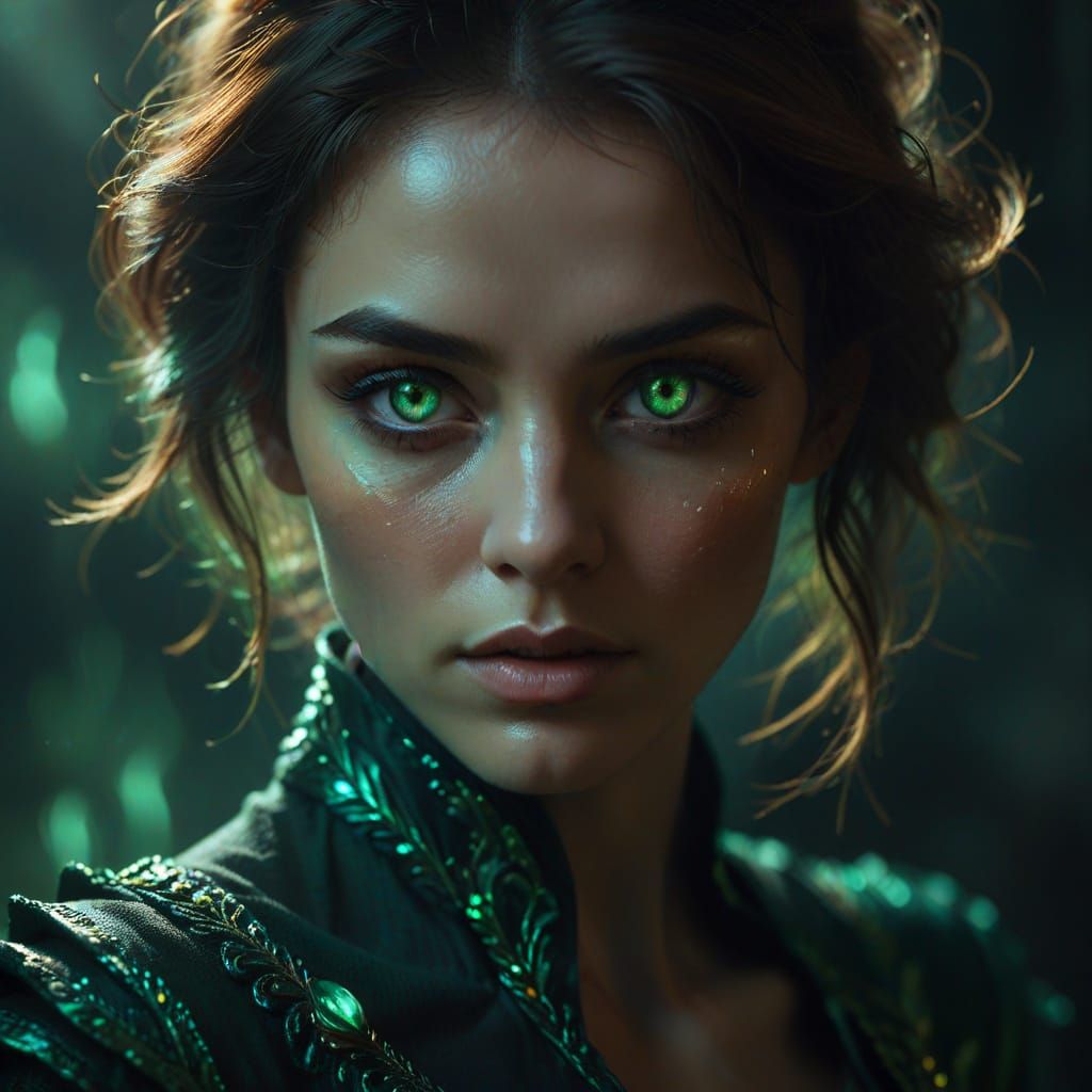 Mysterious Figure in Dark Fantasy Portrait with Glowing Emer...