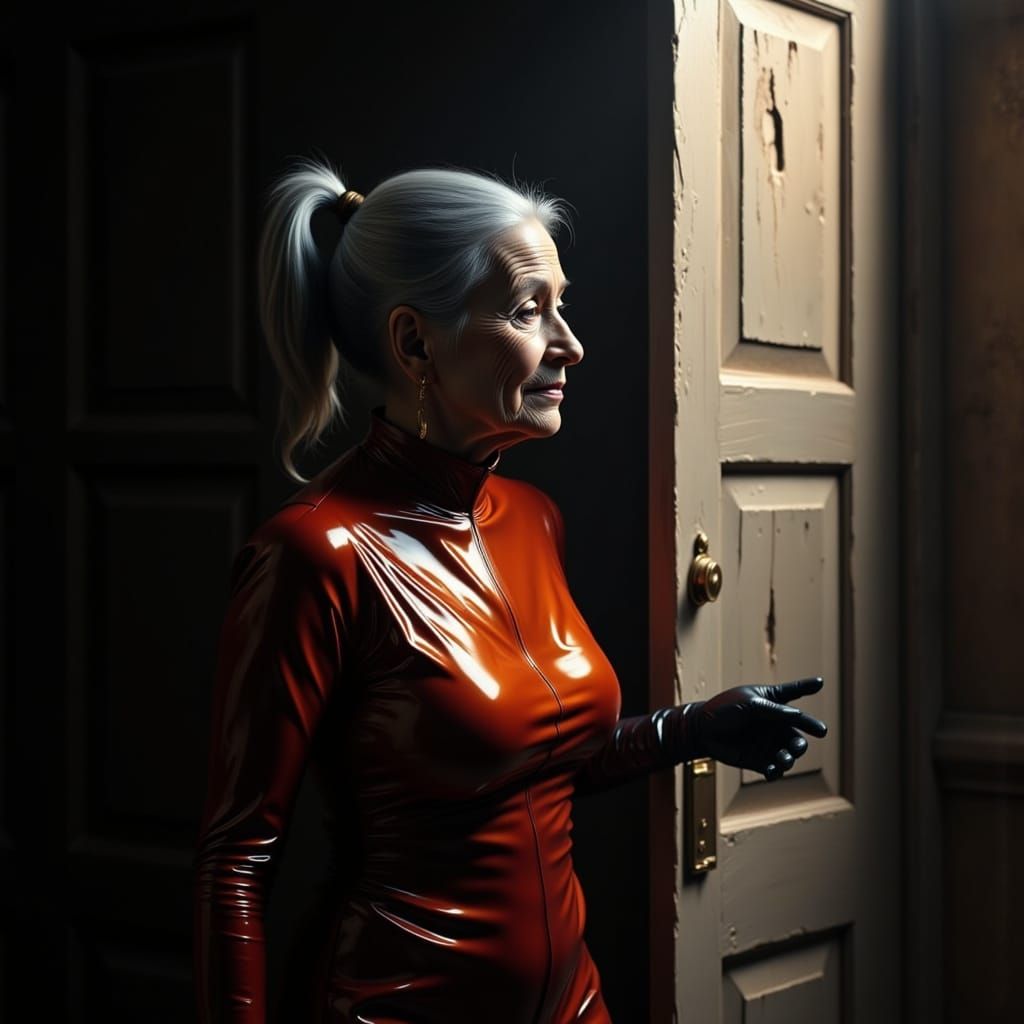 Elderly Woman Peers Through Mysterious Doorway in Red Catsui...