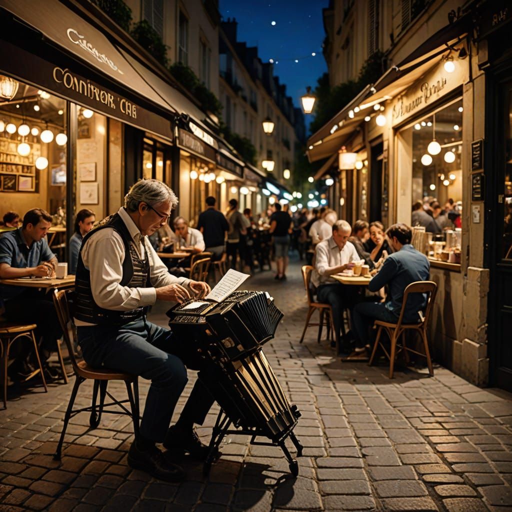 An AI robot sketching a masterpiece of a cafe in Paris at night time. Tables spill out across the pavement filled with f...