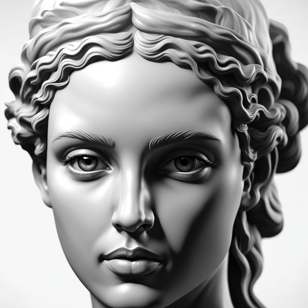 hyper realistic portrait of Aphrodite rendered in black and white, ethereal ambient occlusion Unreal Engine 5, soft feat...