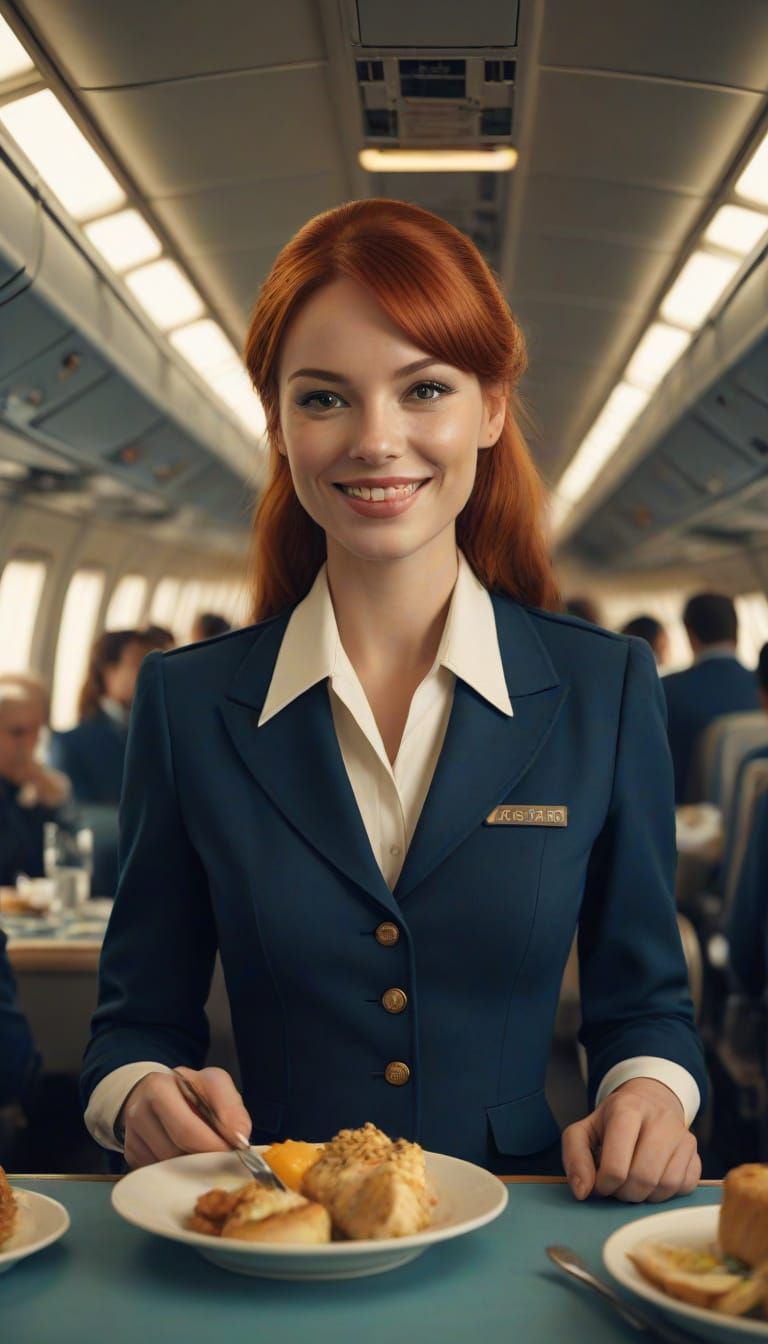 Redhead Stewardess Serving Meals in 1970s Airplane