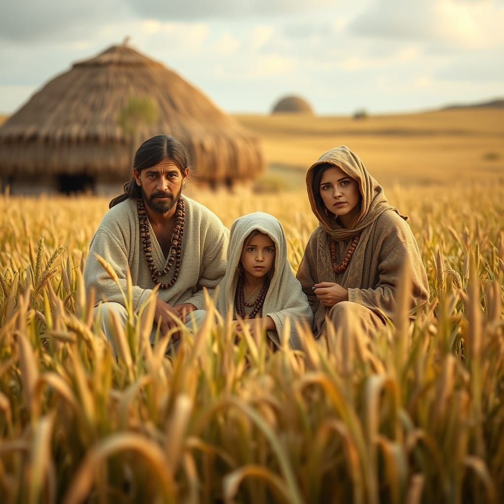 Ancient Family Harvests Grain in Sunlit Field