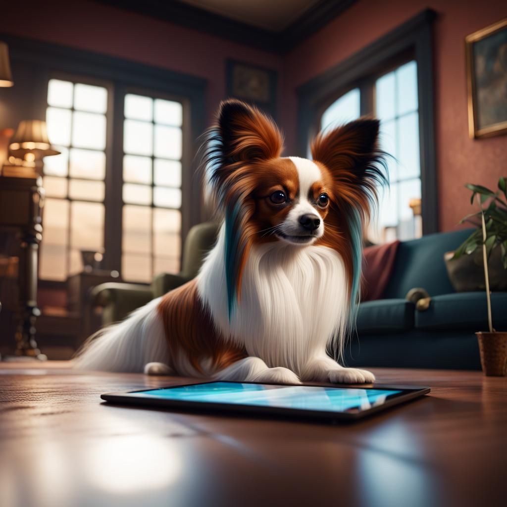 Papillon Dog Intrigued by iPad: Detailed Matte Painting