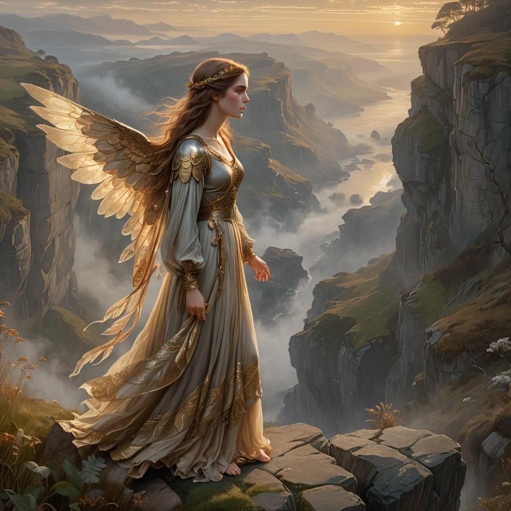 Regal Winged Woman at Dawn: Pre-Raphaelite Fantasy Art