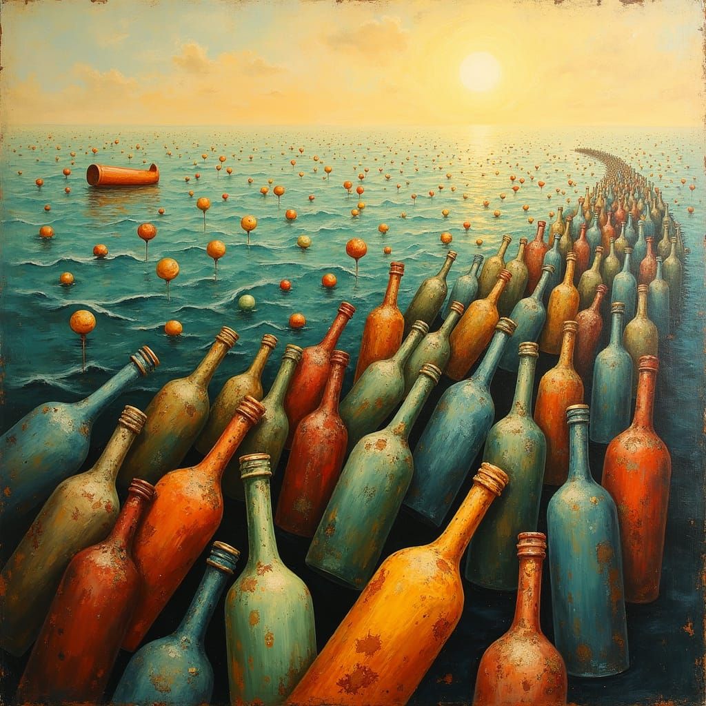 Sea of Wine Bottles in Surrealist Style
