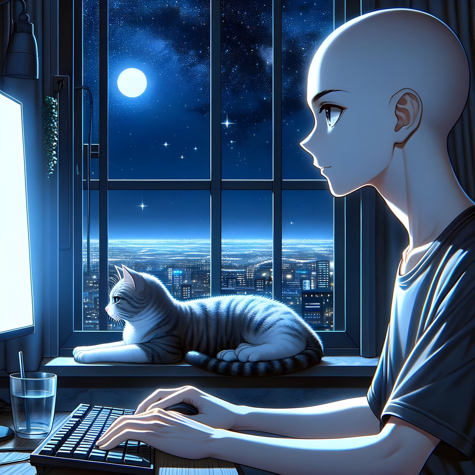 Bald Boy Works in Profile, Surrounded by City Nightlife