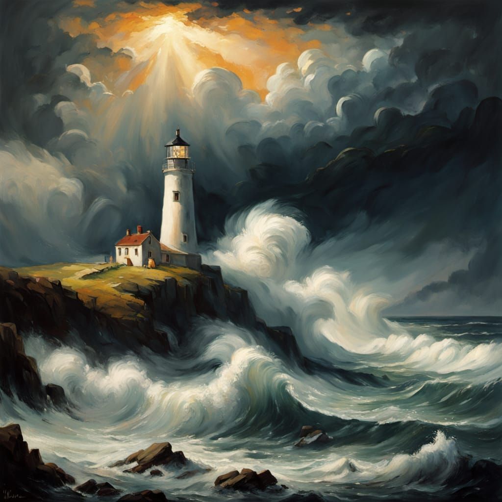Lighthouse in Stormy Landscape as Expressive Painting