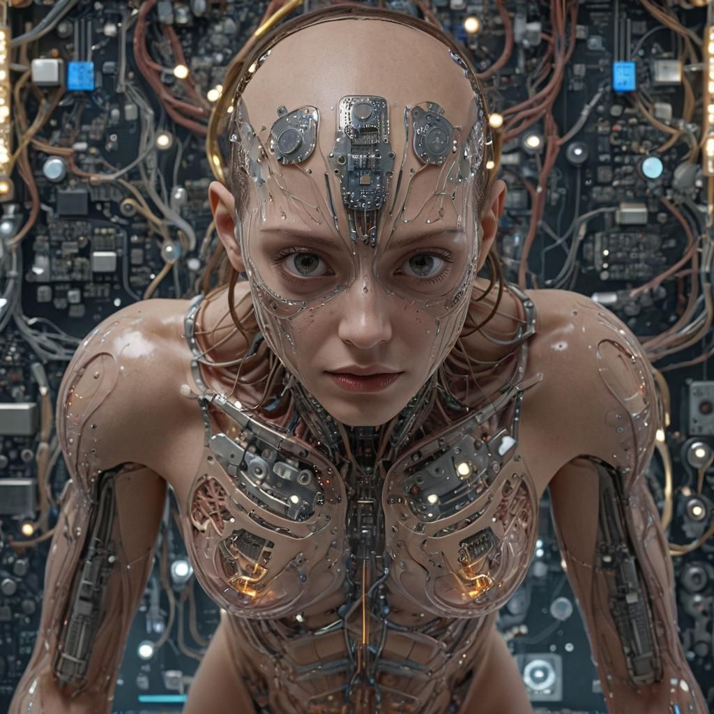 Cyborg with transparent skin revealing computer parts and lights inside