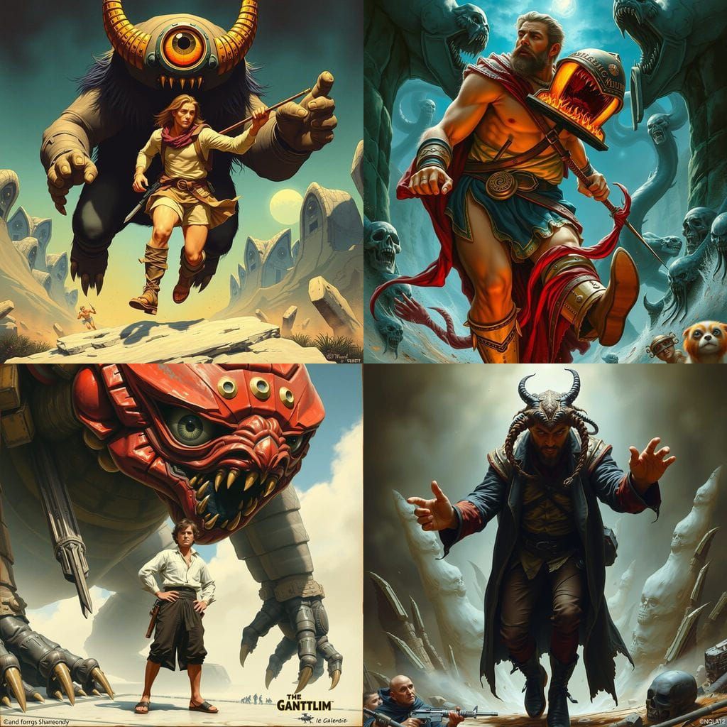 Man Fleeing Centrally Framed Monster with Single Eye in Anci...