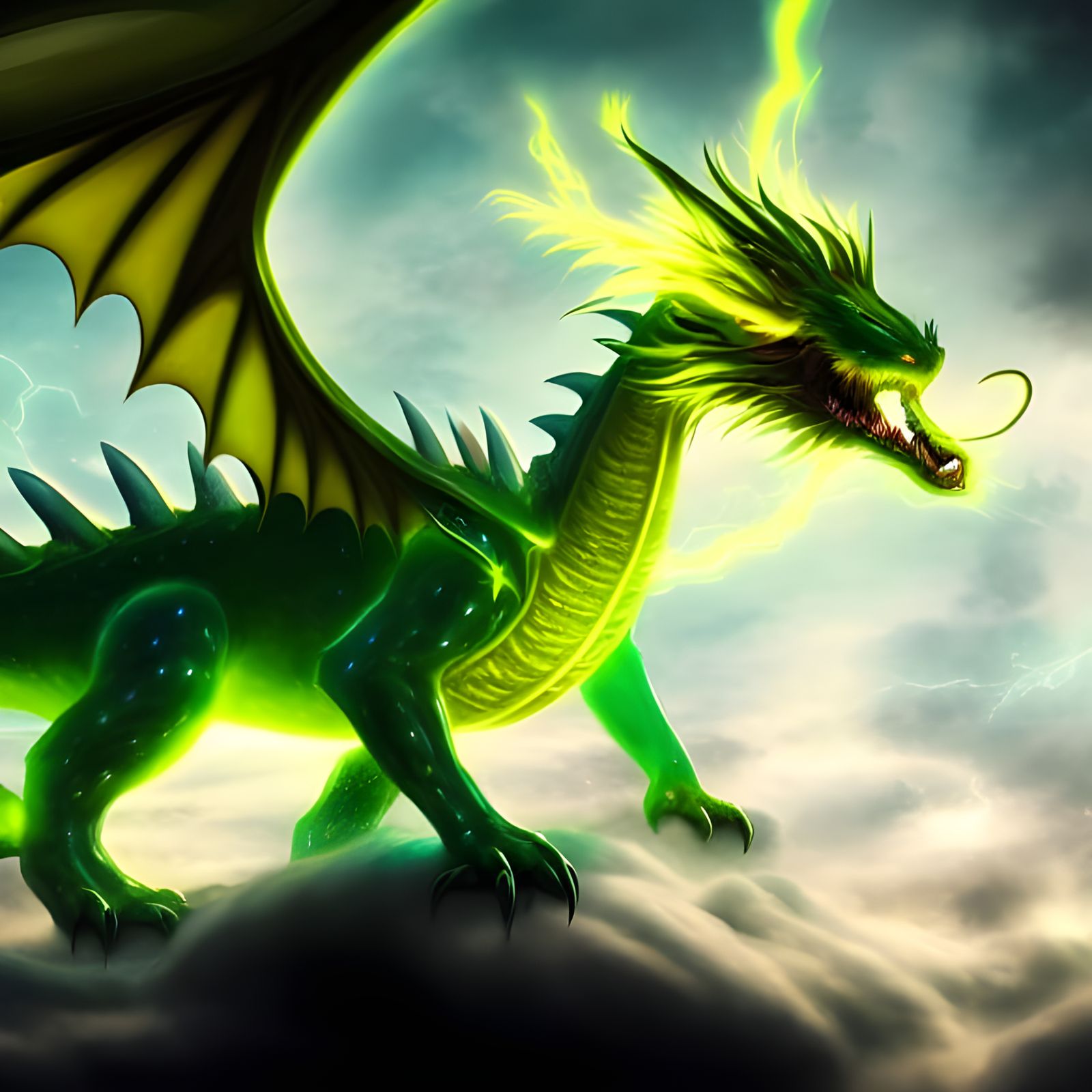 Electric Dragon Guarding Candy: Digital Art Nouveau Illustra...