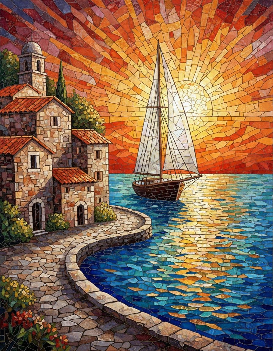 Mediterranean Village Sunset Mosaic Art