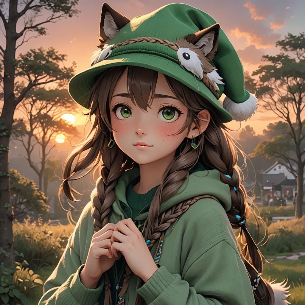 Anime Girl Riding a Wolf into Sunset