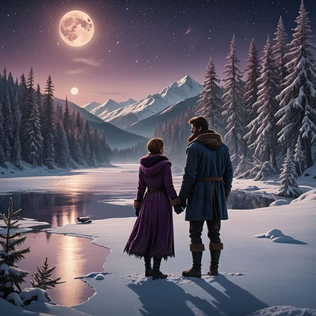 Winter Lake Scene with Couple in Fantasy Style